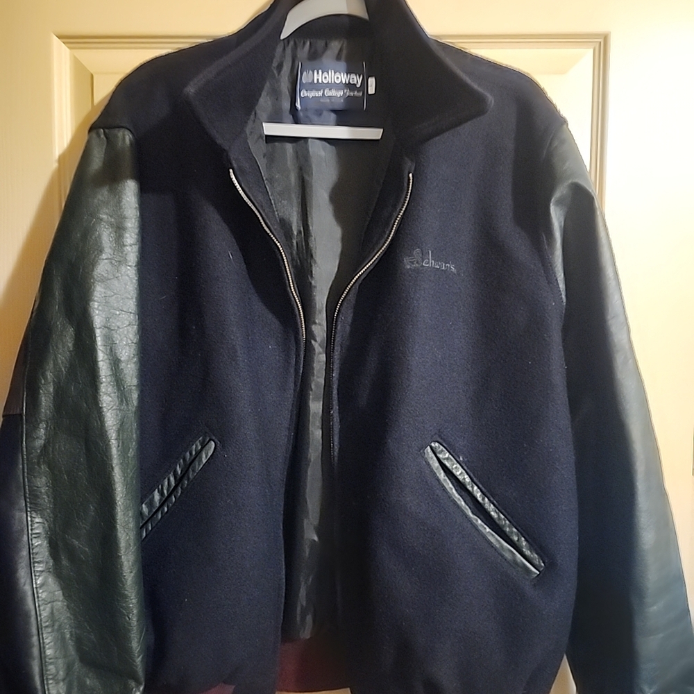 Holloway Black Navy Wool & Leather Bomber Jacket Varsity